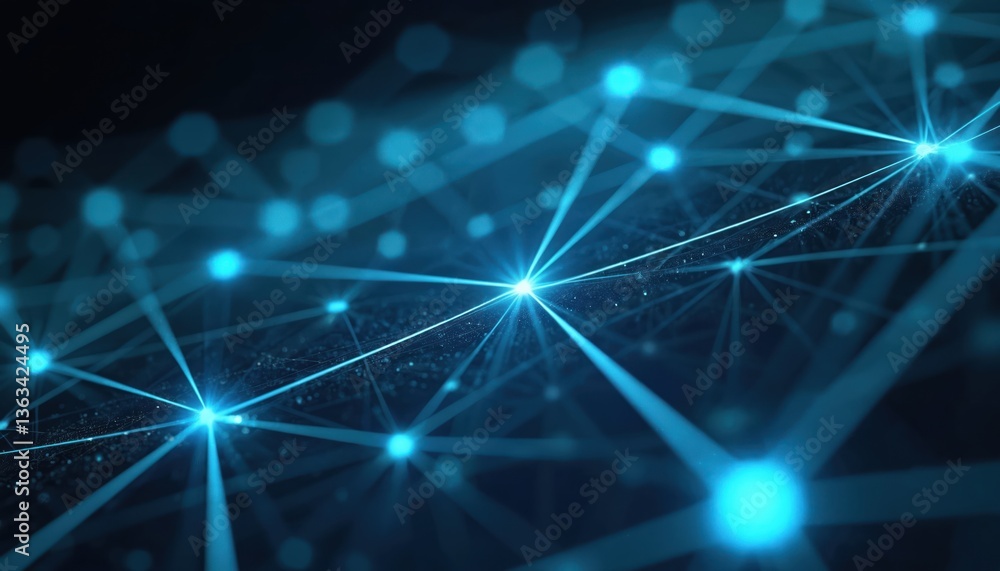 Poster Abstract blue polygonal shapes represent tech innovation, digital connection. Dots, lines create network, data exchange. Futuristic backdrop for digital tech, web design, science illustrations.