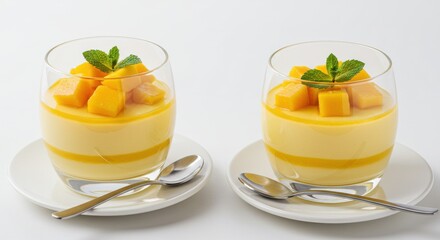 Two mango desserts in glasses with spoons and mint leaves on white background for a delicious treat
