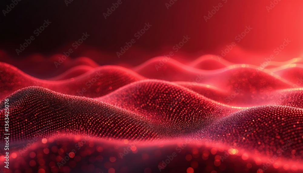 Poster Abstract red background features flowing wave pattern of tiny dots. Dynamic motion design for digital tech concepts. Futuristic wave flow for data visualization. Abstract technology, modern