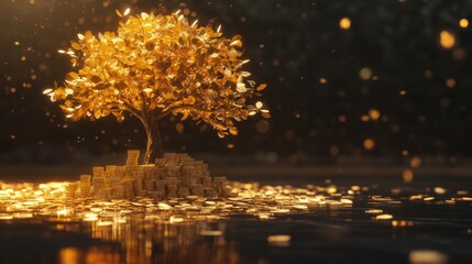 Naklejka premium Tree with golden leaves growing from a stack of coins, financial investment concept generative ai