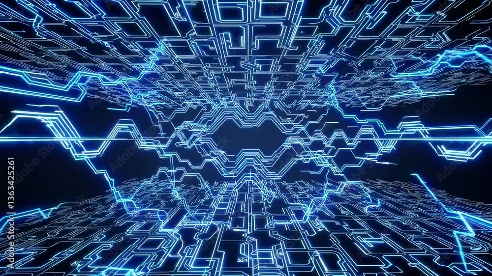 Poster futuristic digital grid with glowing blue lines, viewed from a low angle, creating a dynamic, immers