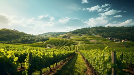 Fototapeta premium A photo of a picturesque vineyard with rows of grapevine
