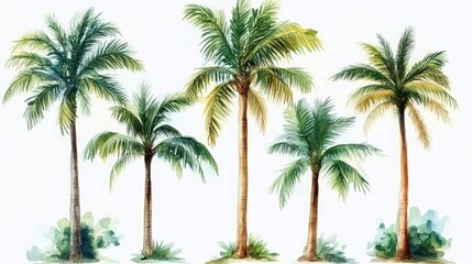 Watercolor set with palm trees and leaves floral plants elements, set of a watercolor palm tree with coconuts, tropical plants on a white background.