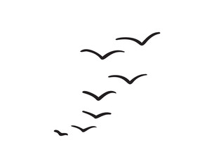 Birds flying line in the sky set. Ink grunge flock of birds afar brush hand drawn. markers and crayons