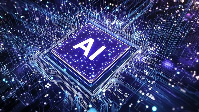 A digital artwork featuring the word "AI" on top of an AI chip