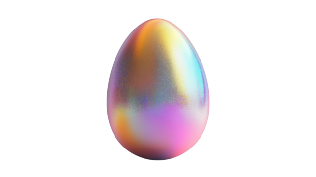 Minimalist Easter egg with smooth, holographic finish and a floating effect, set against a plain white background with no shadows for a futuristic vibe.