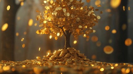 Tree with golden leaves growing from a stack of coins, financial investment concept generative ai