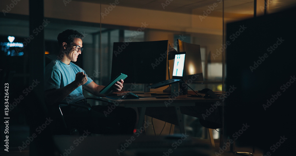 Poster business, man and celebration with tablet in office for website security success, troubleshooting or