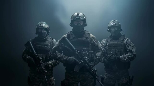 *

Special Forces Soldiers in Combat Gear, Dark Smoky Background, Military Action

**