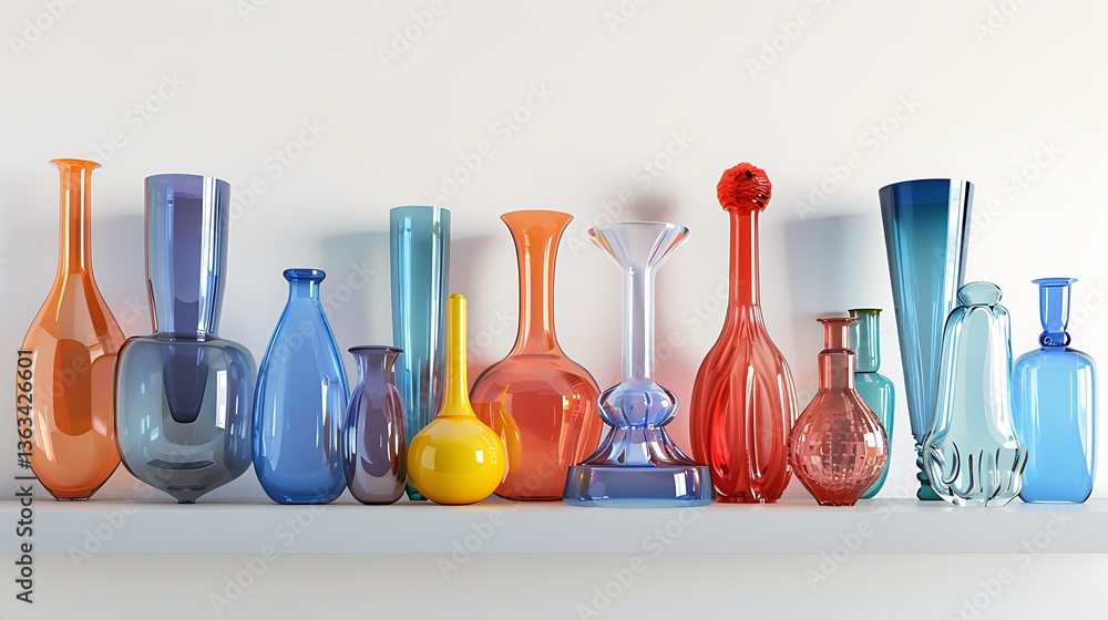 Poster a set of colorful glass vases in various shapes and sizes arranged on a floating shelf