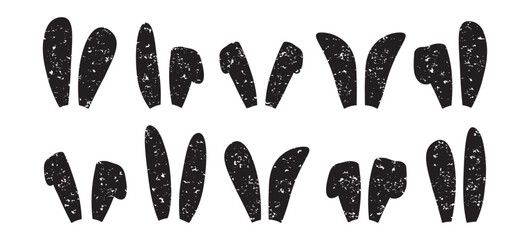 Easter bunny ear, rabbit charcoal art, cute hare character pencil art, cartoon animal crayon ear, spring funny pet, black grunge silhouette set isolated on white background. Simple vector illustration