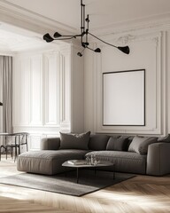 Modern living room with gray sectional sofa,  coffee table, and large empty frame.