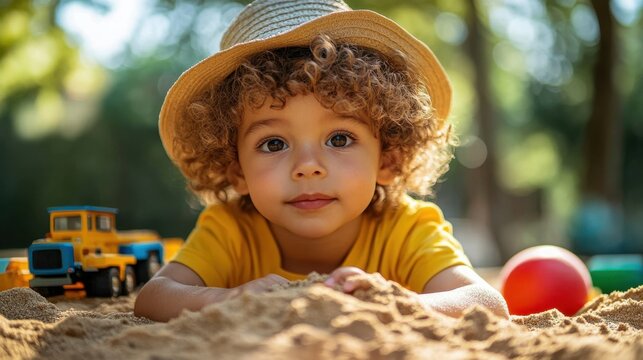 Curly-haired Child Playing with Toys in a Sunlit Sandbox Outdoors