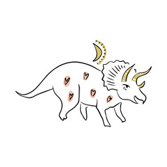 Funny doodle cute dinosaur. Little girl triceratops, moon and stars. Baby stylish art, nursery wallpaper element, kids room or clothing print decor. Vector illustration clipart.