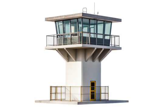 Modern control tower architecture aerial view in clear sky isolated on transparent background