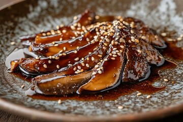 Sliced king oyster mushrooms in teriyaki sauce with sesame seeds