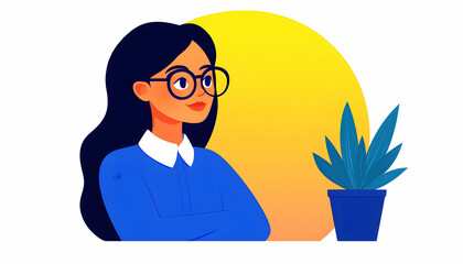 Thoughtful woman with glasses, arms crossed, beside a plant