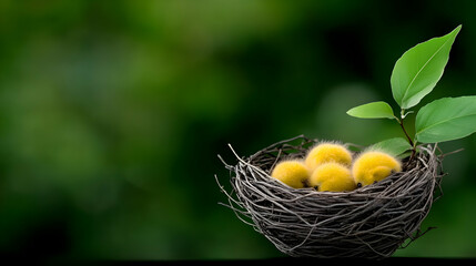 Three fluffy yellow baby birds nestled in a twig nest with green leaves
