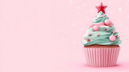 Festive Christmas Tree Cupcake on Pink Background with Copy Space for Holiday Celebration Desserts