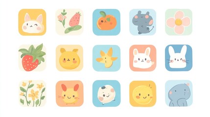 Obraz premium Cute animal and object icon set on pastel squares for app design or children's use