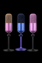 Three pastel-colored condenser microphones on stands