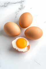 Three whole eggs and one halved soft-boiled egg on marble