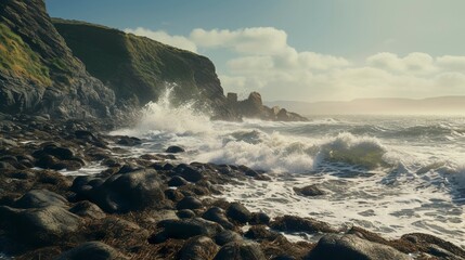 A photo of a rugged coastline with crashing waves.