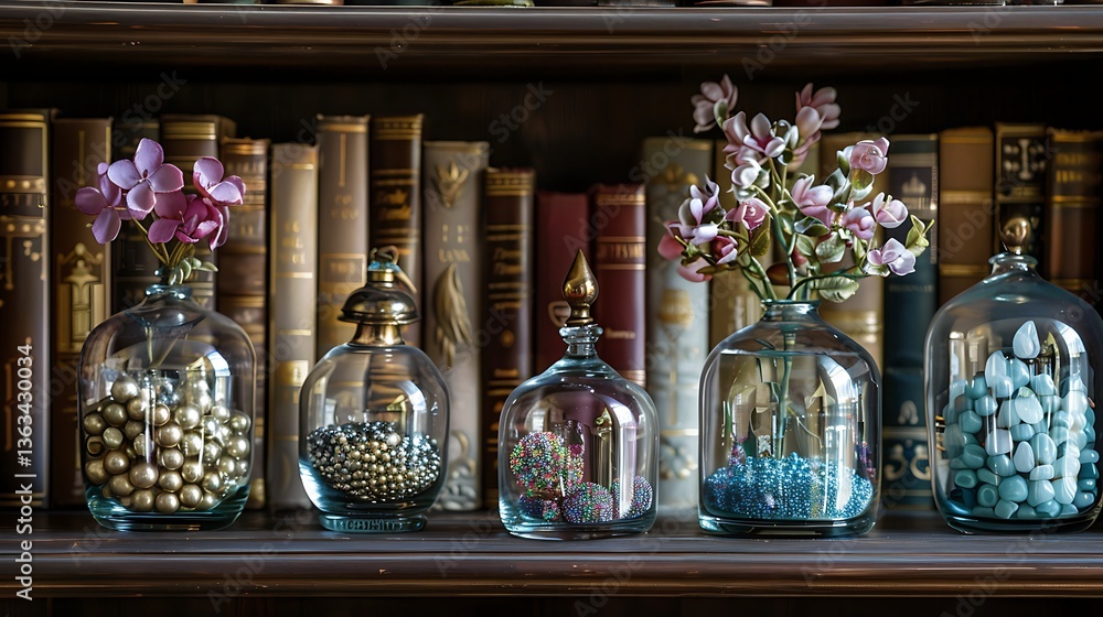 Poster a set of elegant glass jars with decorative lids holding colorful beads and displayed on a bookshelf