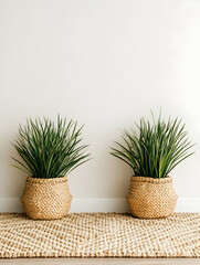 Two potted plants on a woven rug against a white wall