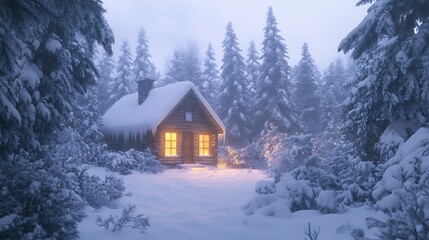 Fototapeta premium A serene winter cabin in the middle of a snowy forest, soft light glowing from the windows, surrounded by snow-laden pines, with a gentle snowfall and dusk approaching.