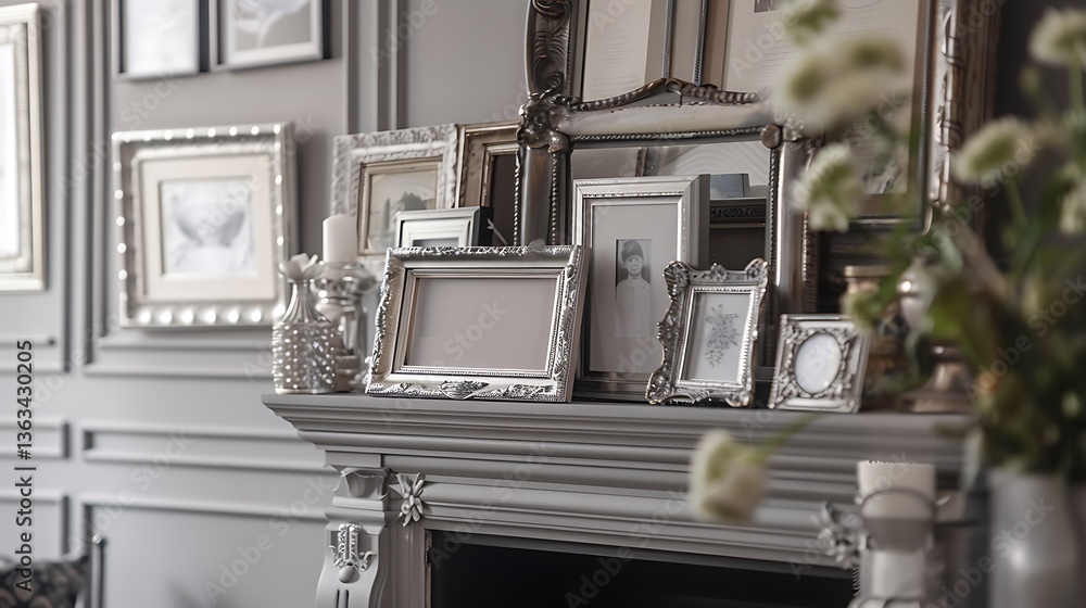 Poster a set of elegant silver picture frames arranged in a staggered layout on a mantelpiece