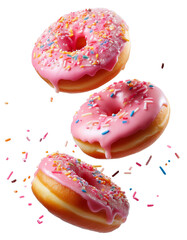 Three pink glazed donuts falling with sprinkles on transparent background