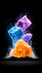 Obraz premium Vibrant crystals levitating, glowing, against black background