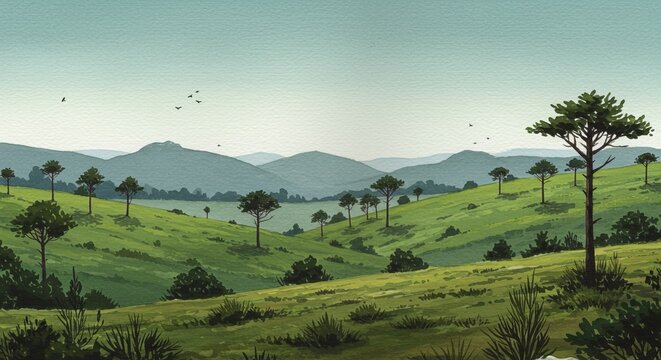 Paisagem dos Campos Gerais do estado do Paran&aacute;, sul do Brasil, ilustra&ccedil;&atilde;o gerada com IA