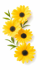 Obraz premium Vibrant yellow daisies with green leaves arranged vertically on white