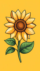 Fototapeta premium Vibrant yellow sunflower with green leaves on a yellow background