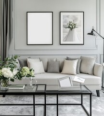 Modern living room with gray sofa, framed art, and coffee table.