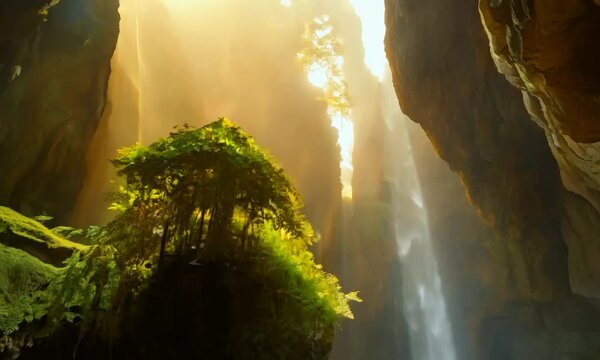 inside a limestone cave with plants and sun shine