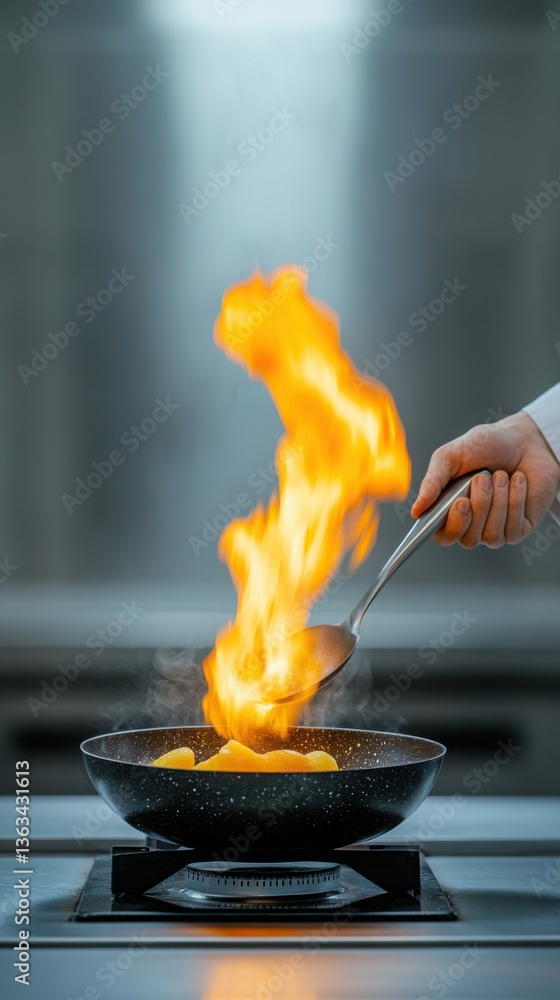 Poster a dramatic action shot of a professional chef flipping ingredients in a flaming pan, creating an exp