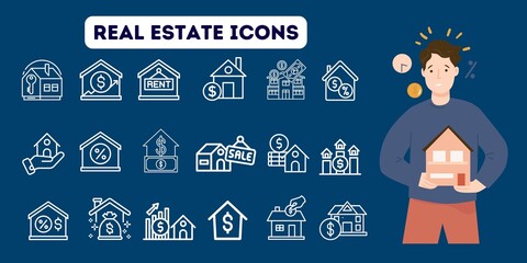 Real Estate Icons Set Collection on Blue Background Illustration Vector. Real Estate Banner Poster Template. Business, Silhouette, Agent, Blue, Graphic, Management, Realtor, Sold, House, Man