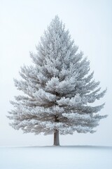 Winter's Embrace: A Solitary Frost-Covered Conifer in a Snowy Landscape