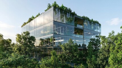 Ultra-modern eco-friendly building with large windows, surrounded by trees and renewable energy sources. generative ai