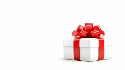 White gift box with red ribbon bow on white background