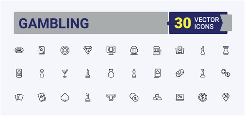 Gambling related icon set. Contains outline symbols like dice, poker, gamble, bet, ace, card and more. Casino vector icon set. Minimalist editable vector stroke. Signs for web and mobile app.