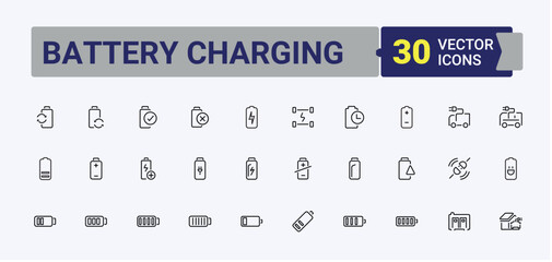 Set of Battery Charging line icon. Featuring technology, charger, electricity, charge, station and more. Charging modern icon. Simple line vector icons. Art and illustration.