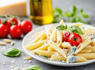 Serving of Penne Pasta with Pesto, Tomatoes, and Parmesan Cheese