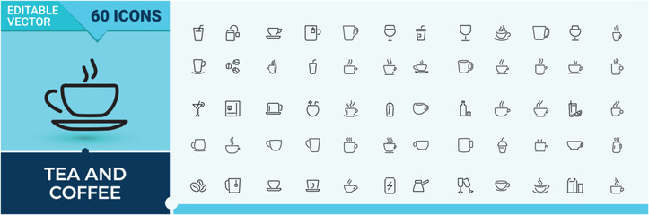 Coffee And Tea icon set. Includes thin line symbols espresso, drink, breakfast, bean, beverage and more. Minimalist vector collections. Tea icon set. Editable stroke. Vector collection.