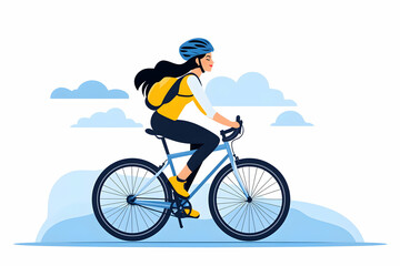 Fototapeta premium Woman cyclist riding bicycle outdoors, wearing helmet and backpack