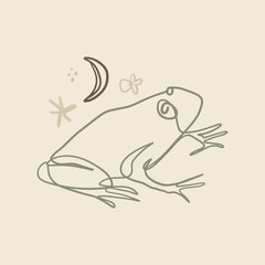 One line single linear drawing cute minimalistic frog, logo illustration or branding identity wed design. Amphibian toad animal icon concept. Trendy continuous hand-drawn vector clipart.
