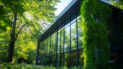 Fototapeta premium Ultra-modern eco-friendly building with large windows, surrounded by trees and renewable energy sources. generative ai